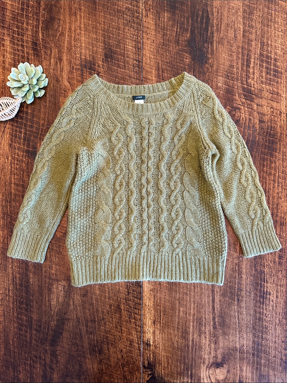 J. Crew | Olive Green Alpaca Blend Cable Knit Sweater Scoop Neck, Size M